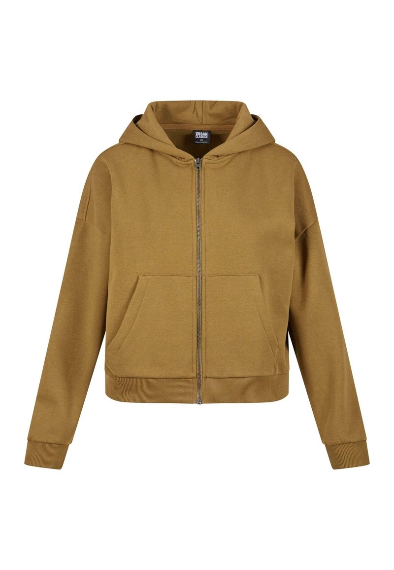 Felpa marrone con zip, dotata di cappuccio foderato, ampie tasche frontali, polsini e orlo a costine. Il tessuto sembra morbido e leggermente texture.