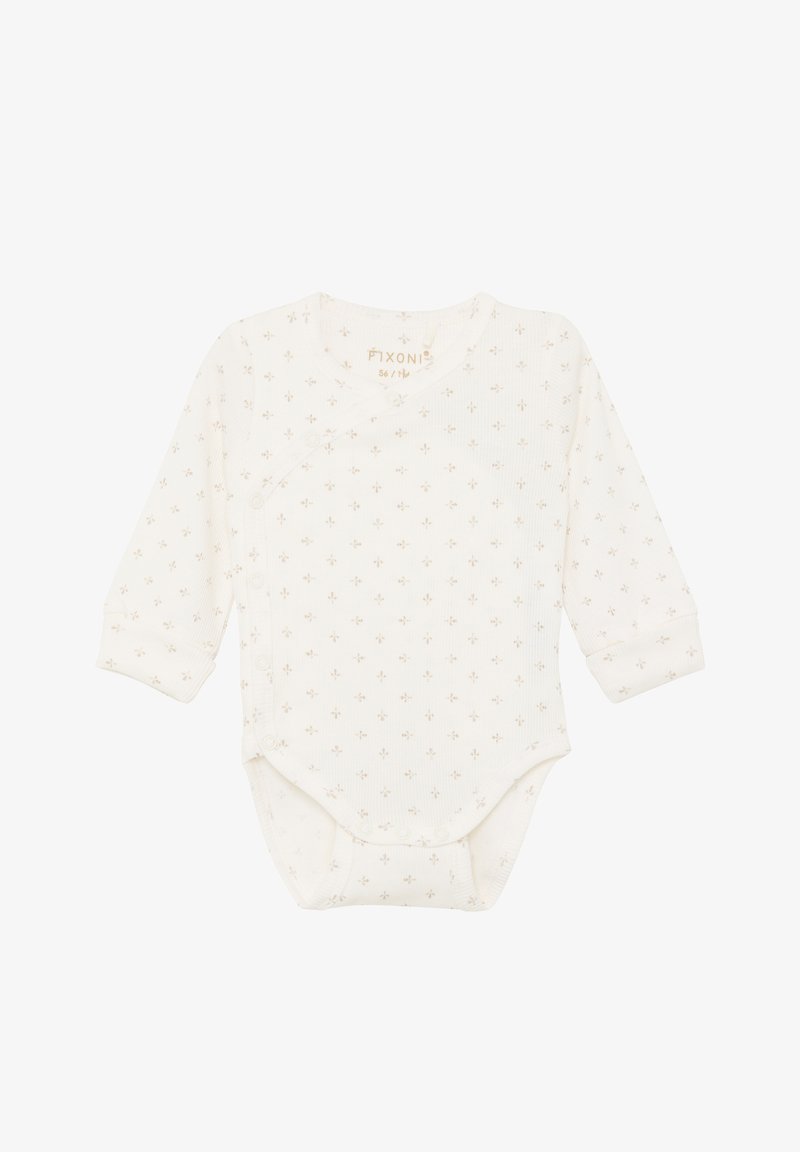 Weißer Baby-Body mit langen Ärmeln, dezenten Blumenmustern, weicher, gerippter Struktur und Druckknöpfen an der Seite und am unteren Bereich.