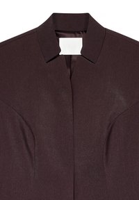 Dark brown tailored jacket with a notch collar and curved seam detailing on front panels, no visible buttons or closures.