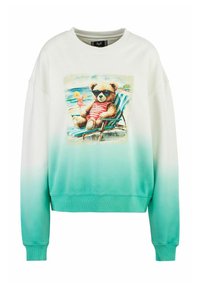 Pullover mit einem weißen und türkisfarbenen Farbverlauf, der ein B�ärenmotiv in Sonnenbrille auf einem Liegestuhl zeigt, mit einem Getränk, kurzen Ärmeln und gerippten Bündchen.