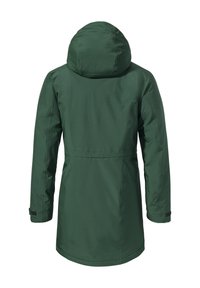Green waterproof parka with a hood, long length, elastic cuffs, and a cinched waist. Smooth, matte texture, no visible patterns or hardware.