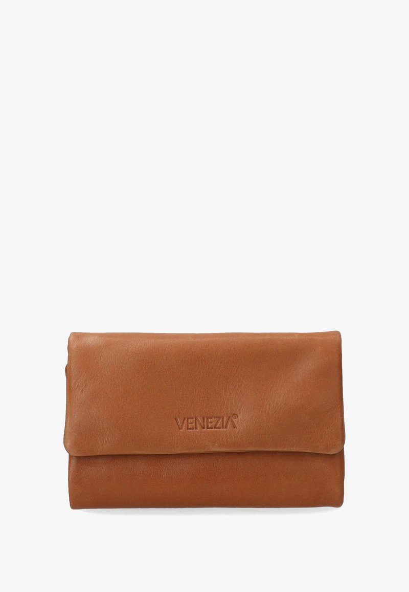 Brown leather wallet with a smooth texture, featuring a fold-over design and embossed "VENEZIA" logo on the front.
