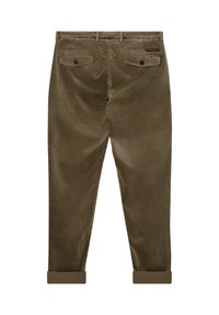 Pantaloni in velluto a coste marroni con una sottile texture a coste, due tasche posteriori e orli arrotolati. Presenta una patch in pelle marrone con il marchio sulla parte posteriore.