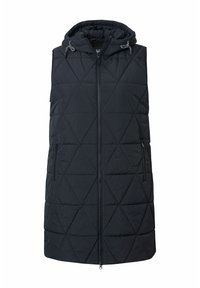Quiltad svart ärmlös väst med huva, med dragkedja fram och diagonala fickdragkedjor, tillverkad av lättviktsmaterial.