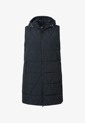 Quiltet sort ærmeløs vest med hætte, med lynlås foran og diagonale lomme-lynlåse, lavet af letvægtsmateriale.