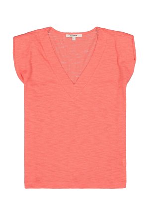 Camiseta coral con escote en V, fabricada con tela texturizada, con mangas capa y un corte holgado. Ligera y adecuada para uso casual.
