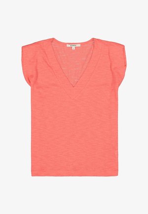 Coral V-neck tee made of textured fabric, featuring cap sleeves and a relaxed fit. Lightweight and suitable for casual wear.