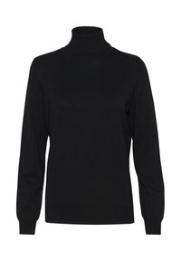 Svart polo-tröja, lång ärm, ribbade cuffs och hals, tillverkad av ett smidigt stickat tyg, med en klassisk passform och minimal detaljer.
