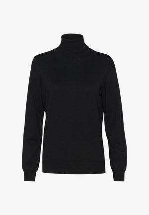 Černý rolák, dlouhé rukávy, žebrované manžety a límec, vyrobený z hladké pleteniny, s klasickým střihem a minimálními detaily.