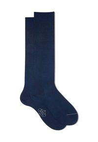 Calze blu navy realizzate in materiale liscio, con punta e tallone rinforzati, caratterizzate da una sottile linea bianca di accento lungo la punta.