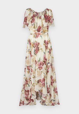 Abito maxi floreale con scollatura a volant, caratterizzato da un mix di rose rosa e crema su uno sfondo chiaro, svasato in vita con una cintura.