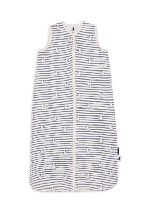 Sac de couchage léger pour bébé au design sans manches, avec des rayures bleues et blanches et de petits motifs de lapin, fermeture éclair à l'avant.