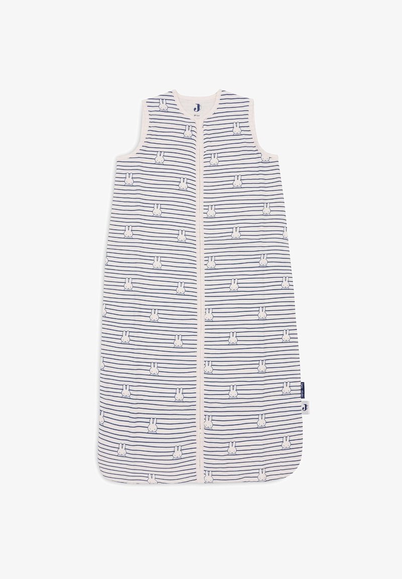 Sac de couchage léger pour bébé au design sans manches, avec des rayures bleues et blanches et de petits motifs de lapin, fermeture éclair à l'avant.