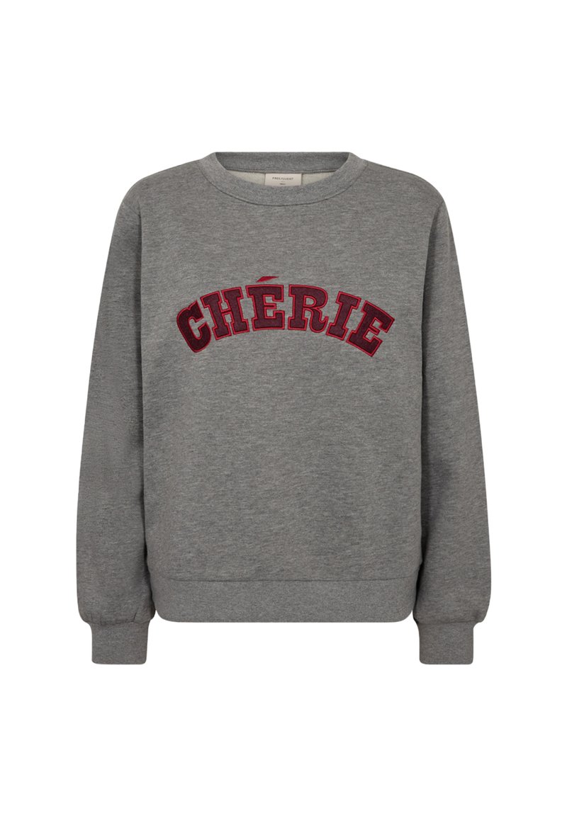 Grijze sweatshirt met een ronde hals, geribbelde mouwen en een borduurwerk in maronnekleur met "CHÉRIE" over de voorkant in een gebogen ontwerp.