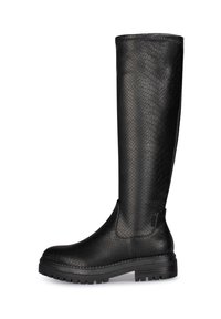 Botas negras hasta la rodilla, hechas de cuero sintético texturizado, con un patrón de reptil y una suela de goma gruesa para mayor agarre y durabilidad.