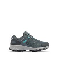 Gray athletic shoe with mesh upper, turquoise accents, and a rugged sole. Features a textured design for stability and comfort.