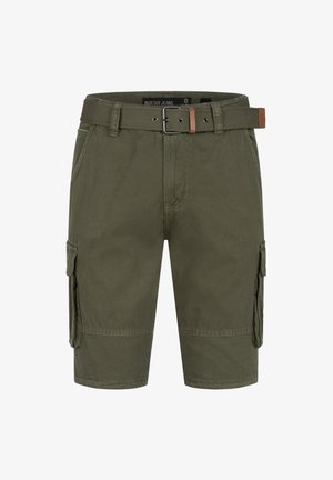 Olivengrønne cargo shorts med et flettet bælte, der har sidelommer, lige snit og synlige sømdetaljer. Holdbart stof.