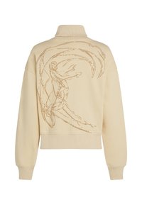 Ljusbeige sweatshirt med hög krage, oversize-passform, ribbade ärmslut och en stor brun grafisk design av en surfande figur på baksidan.