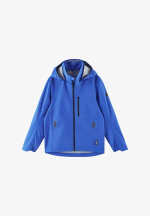 Niebieska wodoodporna kurtka z kapturem, przednim zamkiem błyskawicznym, kieszenią na piersi i szarymi akcentami. Posiada elastyczne rękawy i gładką fakturę.