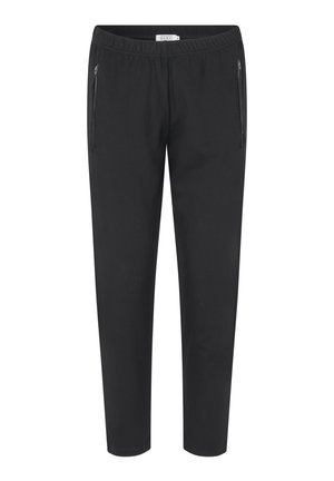 Pantalones jogger negros de material elástico, con cinturilla ajustable y dos bolsillos laterales con cremallera para mayor funcionalidad.