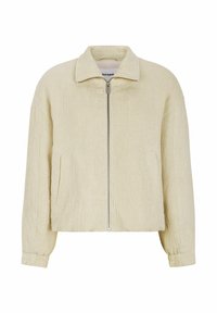 Beige bomber jacket with a textured fabric, front zip closure, short collar, and side pockets. Features elastic cuffs and a relaxed fit.