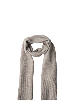 Cashmere scarf in light gray with a smooth texture. Features ribbed accents at each end for added detail and contrast.