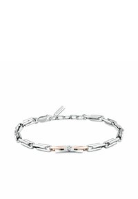 Armband i silverfärgad ton med sammanlänkade länkar, med en polerad roséguldaccent och en logotagnings. Snygg design, mjuk textur.