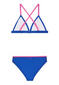 Sininen bikinit setti, jossa on kolmiomainen yläosa, jossa on vaaleanpunaiset hihnat ja säädettävä kiinnitys. Alusosa on samanlainen sininen muotoilu, jossa on vaaleanpunainen reunus.