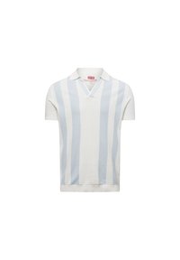 Kurzarm-Poloshirt aus leichtem Baumwollstrick, mit vertikalen hellblauen und weißen Streifen und einem V-Ausschnitt mit zwei Knöpfen.