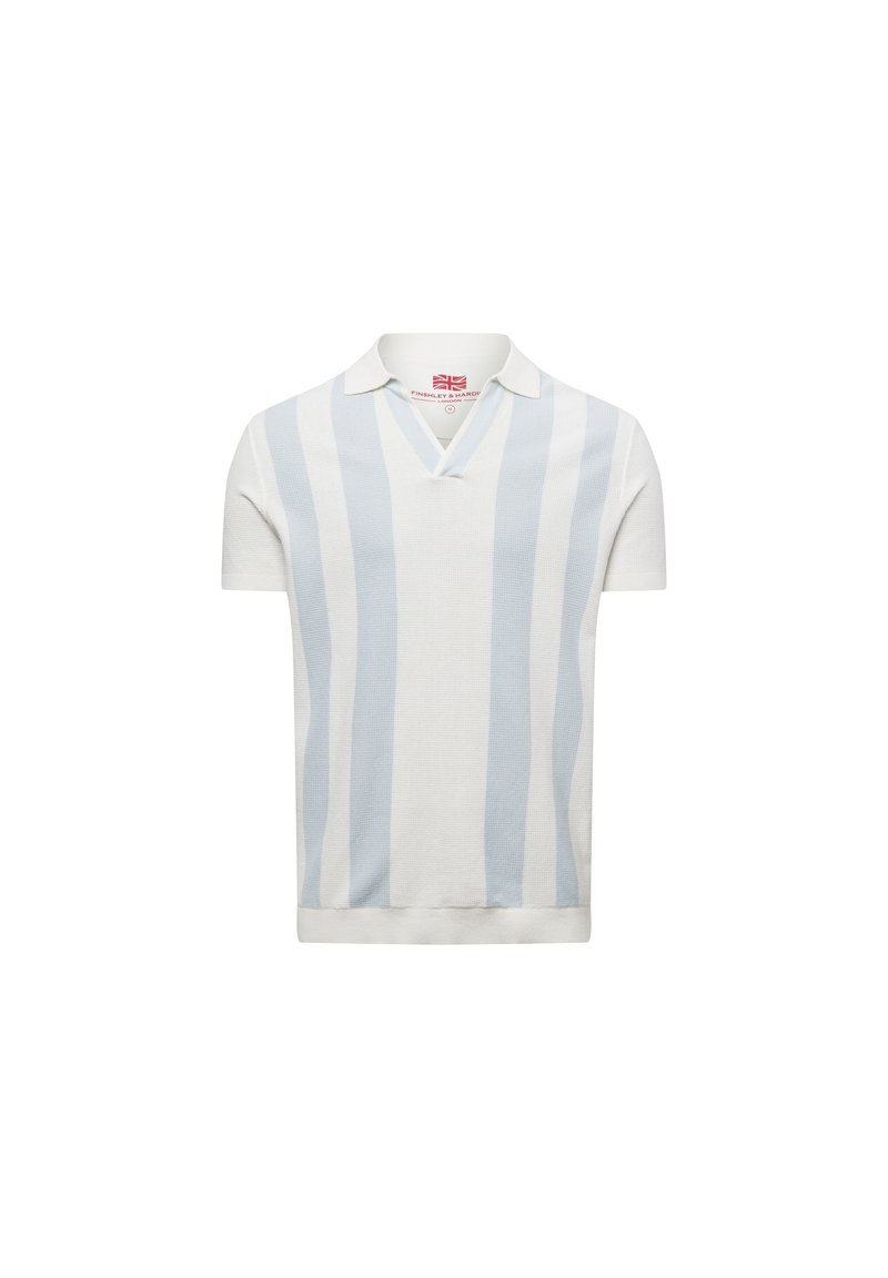 Kurzarm-Poloshirt aus leichtem Baumwollstrick, mit vertikalen hellblauen und weißen Streifen und einem V-Ausschnitt mit zwei Knöpfen.