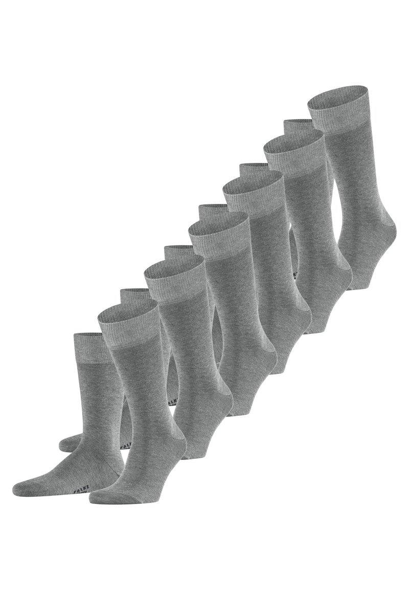 Graue Baumwollsocken mit einem gerippten Bündchen, die eine glatte Textur und eine verstärkte Ferse aufweisen. Set aus zehn Paar, entworfen für den Alltag.
