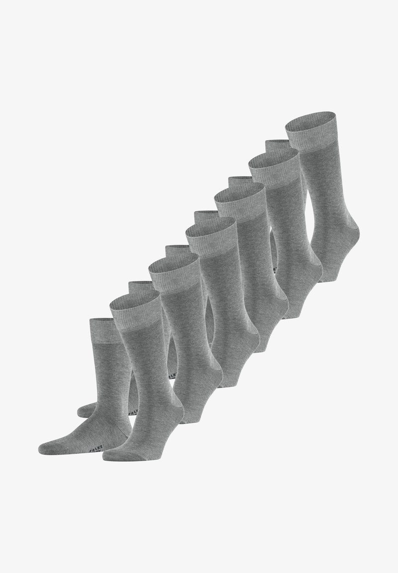 Meias de algodão cinzas com punho acolchoado, apresentando uma textura suave e calcanhar reforçado. Conjunto de dez, desenhado para uso diário.
