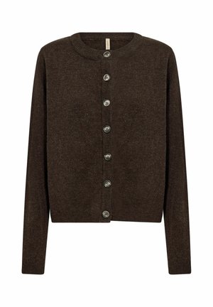 Dunkelbraune, gestrickte Strickjacke mit langen Ärmeln und sieben Knöpfen vorne, mit rundem Ausschnitt und gerippten Bündchen und Saum.