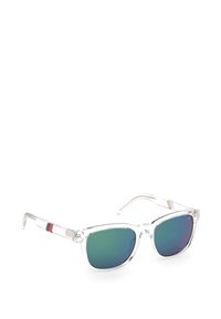 Klart ramglasögon med gradientgröna linser, fyrkantig form, med en röd och blå accent på skalmen. Slät yta.