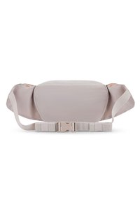 Curea de fanny pack din țesătură gri deschis, cu o textură fină, având două buzunare laterale cu fermoar și o curea ajustabilă cu o cataramă din plastic.