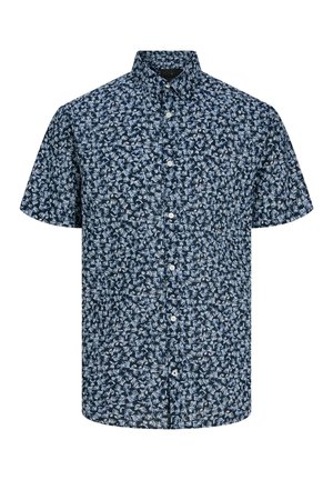 Camisa azul marino de manga corta con botones, con un patrón floral azul claro y un cuello clásico.