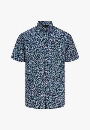 Camisa azul marino de manga corta con botones, con un patrón floral azul claro y un cuello clásico.