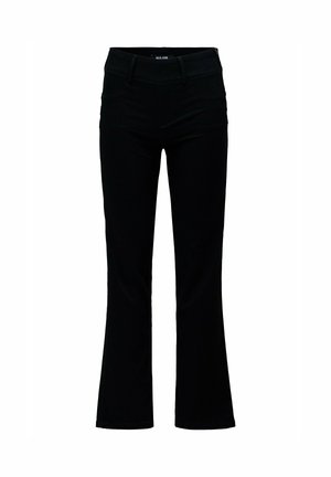 Black flared jeans with a smooth texture, a fitted waist, and subtle stitching details. Made from stretchable fabric for comfort.