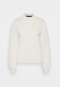Sweter w kolorze kremowym z wysokim kołnierzem, długimi bufkami i prążkowanymi mankietami, wykonany z miękkiego, elastycznego materiału dzianinowego.