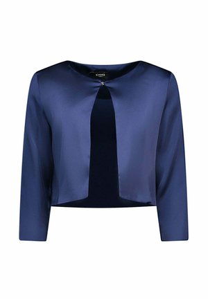 Veste cropped en satin marine avec des manches trois-quarts, un col rond et une fermeture à l'avant avec un détail de boucle et de crochet.