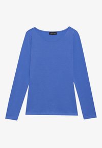 Long-sleeve shirt in solid blue cotton with a round neckline and regular fit. Features stitching along the hem and sleeves. Brand label visible.