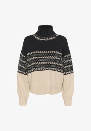 Pleteni pulover s polo ovratnikom v črni in smetani barvi, ki ima geometrijski vzorec čez prsa ter rebraste manšetne in rob. Mehka tekstura.