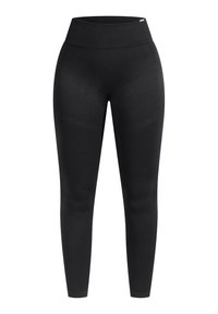 Leggings neri con vita alta, texture liscia e design aderente. Presentano dettagli di cucitura minimali e un materiale elasticizzato.