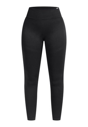 Leggings noirs avec une taille haute, texture lisse et design ajusté. Caractéristiques de détails de couture minimaux et un matériau extensible.