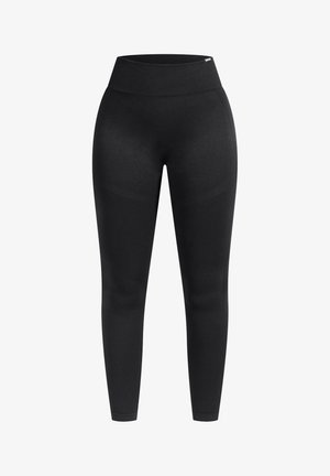 Schwarze Leggings mit hohem Bund, glatter Textur und figurbetontem Design. Merkmale eine minimalistische Nahtgestaltung und ein dehnbares Material.