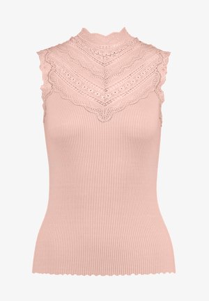 Rippenshirt ohne Ärmel in sanftem Rosa, mit einem gewellten Spitzenbesatz und filigranen Mustern sowie einem hohen Halsausschnitt.