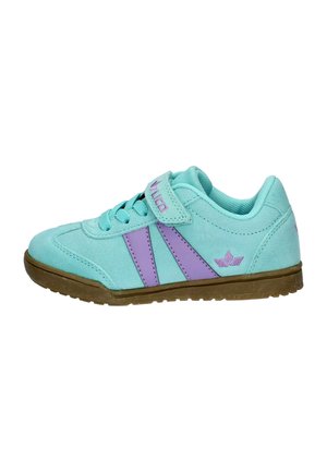 Light blue children's sneaker with purple side stripes, a Velcro strap, matching laces, and a brown textured sole.