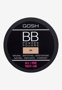 Rund svart behållare märkt "GOSH BB Powder," med en beige sektion märkt "04." Texten lyfter fram funktioner: naturlig, mattande, fuktgivande.