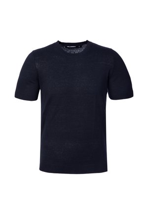 Black short-sleeve crew neck knit sweater with ribbed cuffs and hem, medium size.