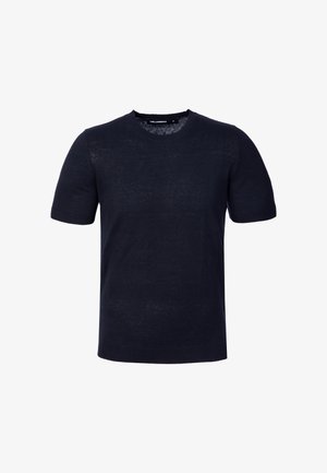 Musta, lyhythihainen, pyöreäkauluksinen neulepaita, jossa ribbineulotut kalvosimet ja helma, keskikoko.